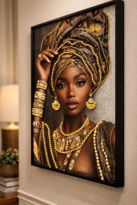 Tablou cu femeie africana purtand turban si accesorii aurii, decor modern pentru living