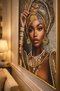 Tablou cu femeie africana purtand turban si accesorii aurii, decor modern pentru living