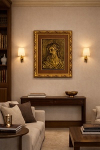 Tablou cu Iisus Hristos în ramă aurie ornamentată, decor religios pentru perete