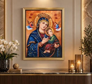 Tablou Maica Domnului cu Pruncul Iisus Hristos cu Pietricele 40x30cm - Gold - Img 2