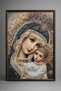 Tablou Maica Domnului cu Pruncul Iisus Hristos cu Pietricele 60x40cm - Brown