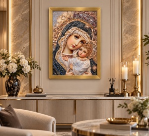 Tablou Maica Domnului cu Pruncul Iisus Hristos cu Pietricele 60x40cm - Gold - Img 2