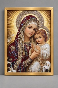 Tablou Maica Domnului cu Pruncul Iisus Hristos cu Pietricele 60x40cm - Gold