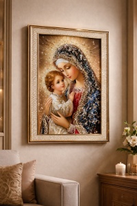 Tablou Maica Domnului cu Pruncul Iisus Hristos cu Pietricele si Sclipici 62x42cm