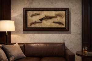 tablou vintage cu cinci pistoale decorative pe fundal de hartă veche