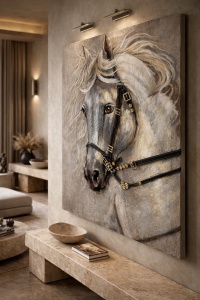 Pictură decorativă cu cal alb, tablou modern pentru living sau dormitor