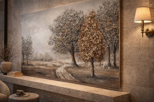 Tablou decorativ panoramic cu peisaj de toamnă, copaci aurii și drum rural
