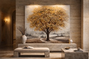 Tablou decorativ cu copac auriu si peisaj rural, pictura pe panza stil clasic