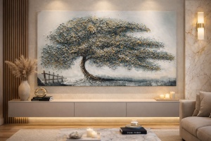 Tablou peisaj artistic cu arbore modelat de vant, design interior modern