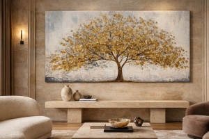 Tablou modern cu copac cu frunze aurii in peisaj natural