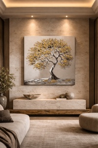 Decor living cu tablou copac auriu si design elegant
