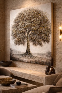Tablou modern cu copac cu frunze aurii in peisaj natural