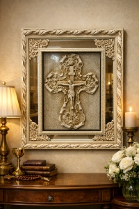 tablou religios cu cruce bej în relief, în ramă elegantă crem cu detalii decorative și margini oglindite