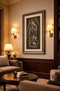 Tablou Sfânta Maria cu coroană, în relief argintiu și ramă decorativă, iconografie religioasă pentru perete