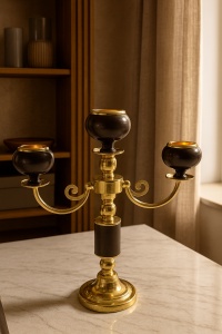 candelabru decorativ din metal auriu cu trei suporturi rotunde maro