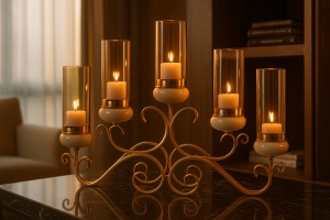 candelabru decorativ auriu cu cinci suporturi de sticlă