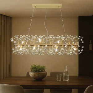Candelabru modern rectangular auriu cu cristale decorative, design tip flori și suspendare reglabilă