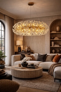 Candelabru modern auriu cu cristale în formă de flori, iluminat elegant pentru living