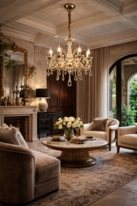Candelabru clasic auriu cu brațe ornamentale și cristale decorative, ideal pentru interioare elegante și rafinate