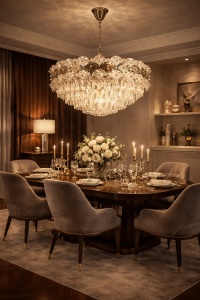Lustră de lux cu cristale multiple și design elegant, iluminat modern pentru living spațios