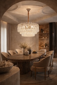 Candelabru elegant cu cristale aurii în multiple straturi, perfect pentru iluminat de lux în living, dining sau dormitor