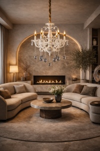 Candelabru elegant alb cu cristale și brațe ornamentale, perfect pentru un iluminat clasic și rafinat în living sau dining