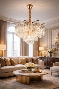Candelabru mare cu cristale în cascadă, design luxos pentru living
