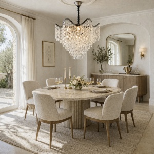 Candelabru modern cu cristale în cascadă și design ondulat, ideal pentru livinguri elegante și iluminat de impact
