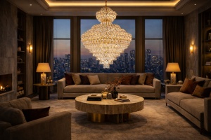 Lustra eleganta cu cristale pentru living, stil luxury si finisaj auriu