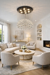 Candelabru modern cu cristale rotunde dispuse în cascadă, iluminare LED și design elegant pentru interioare rafinate