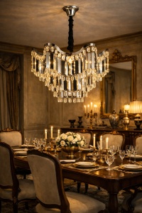 Candelabru elegant cu cristale în cascadă, design modern în formă de piramidă inversată, ideal pentru living sau holuri în stil luxos