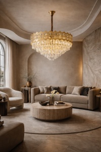 Candelabru elegant auriu cu cristale tip picătură, design în trepte pentru iluminat de lux
