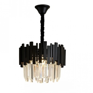 Candelabru modern negru cu cristale transparente, suspendat, design elegant pentru living sau dining