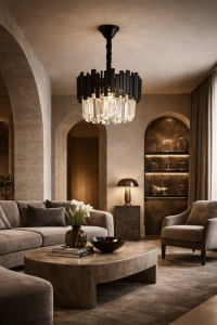 Candelabru modern negru cu cristale transparente, suspendat, design elegant pentru living sau dining