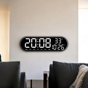 Ceas digital cu afișaj LED, telecomandă, temperatură, dată și ziua săptămânii, montaj pe perete sau pe masă, design modern