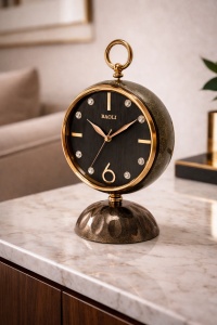 Ceas de masă elegant cu cadran alb, finisaj auriu și bază neagră decorativă