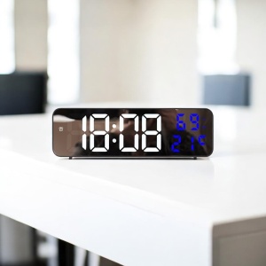 Ceas digital cu afișaj LED și ecran cu efect de oglindă, temperatură și umiditate, pentru masă sau perete, design modern