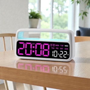 Ceas digital cu afișaj LED mov, oră și dată, iluminare ambientală superioară cu culori schimbabile, design modern pentru interior