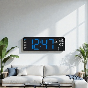 Ceas digital de birou cu afișaj LED mare, culoare albastra, oră, dată și temperatură,umiditate design modern pentru interior