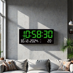 Ceas digital de birou cu afișaj LED mare, culoare verde, oră, dată și temperatură, design modern pentru interior