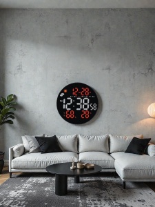 Ceas digital rotund cu afișaj LED, temperatură, umiditate, dată și prognoză meteo, design modern pentru interior.