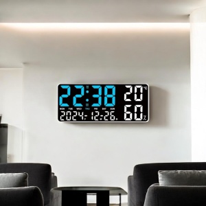 Ceas digital cu afișaj LED, lumină reglabilă în partea inferioară, telecomandă, dată, temperatură și umiditate, pentru perete sau masă