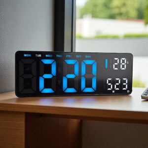 Ceas digital electronic cu afișaj LED albastru, dată, temperatură și ziua săptămânii, ideal pentru birou