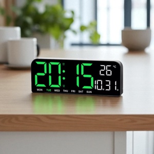 Ceas deșteptător digital modern cu afișaj verde, dată, temperatură și calendar săptămâna