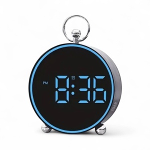 Ceas digital rotund cu afișaj LED albastru și design modern, ideal pentru birou sau dormitor