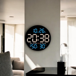 Ceas digital rotund de perete cu afișaj LED, cu telecomandă, dată, temperatură și umiditate, design modern