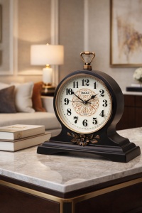Ceas de masă elegant cu finisaj negru și detalii decorative