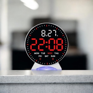 Ceas digital rotund cu afișaj LED rosu, dată, ziua săptămânii și funcție alarmă, design modern pentru interior