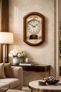Ceas de perete vintage cu pendul decorativ, design clasic cu cadran mare și elemente ornamentale elegante pentru decor interior