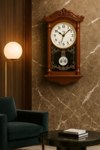 Ceas de perete vintage cu pendul, design clasic și cadran rotund, decor elegant pentru interior.